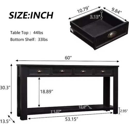 Consolle da 150 cm per Ingresso - Tavolino d'Appoggio con 4 Cassetti Rustico, Nero