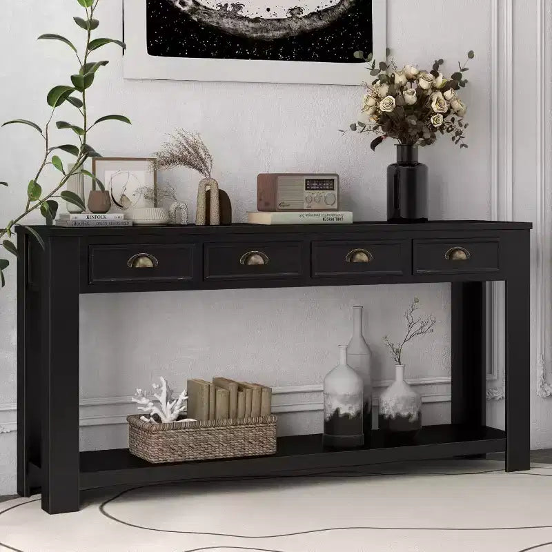 60 Inch Console Table for Entryway - Accent Table with 4 Drawers, Rustic Black