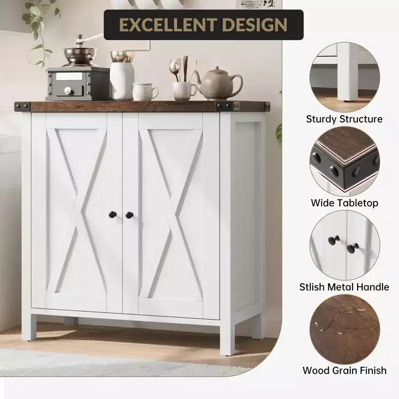 Farmhouse Sideboard with Storage, Kitchen Cabinet with Adjustable Shelves and 2 Barn Doors, Modern Wooden Dining Room Storage Cabinet
