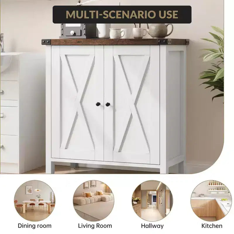 Farmhouse Sideboard with Storage, Kitchen Cabinet with Adjustable Shelves and 2 Barn Doors, Modern Wooden Dining Room Storage Cabinet