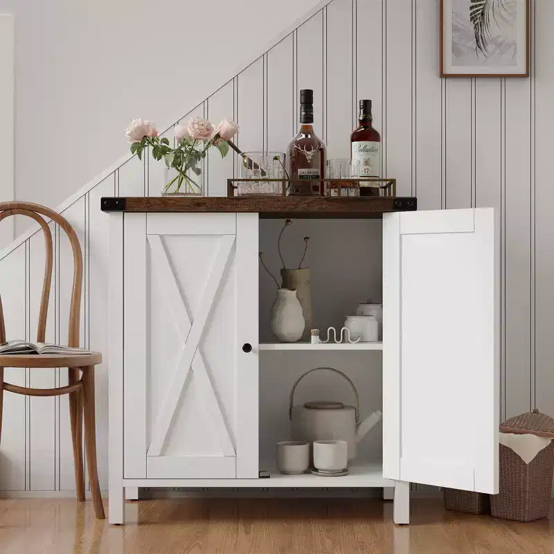 Farmhouse Sideboard with Storage, Kitchen Cabinet with Adjustable Shelves and 2 Barn Doors, Modern Wooden Dining Room Storage Cabinet