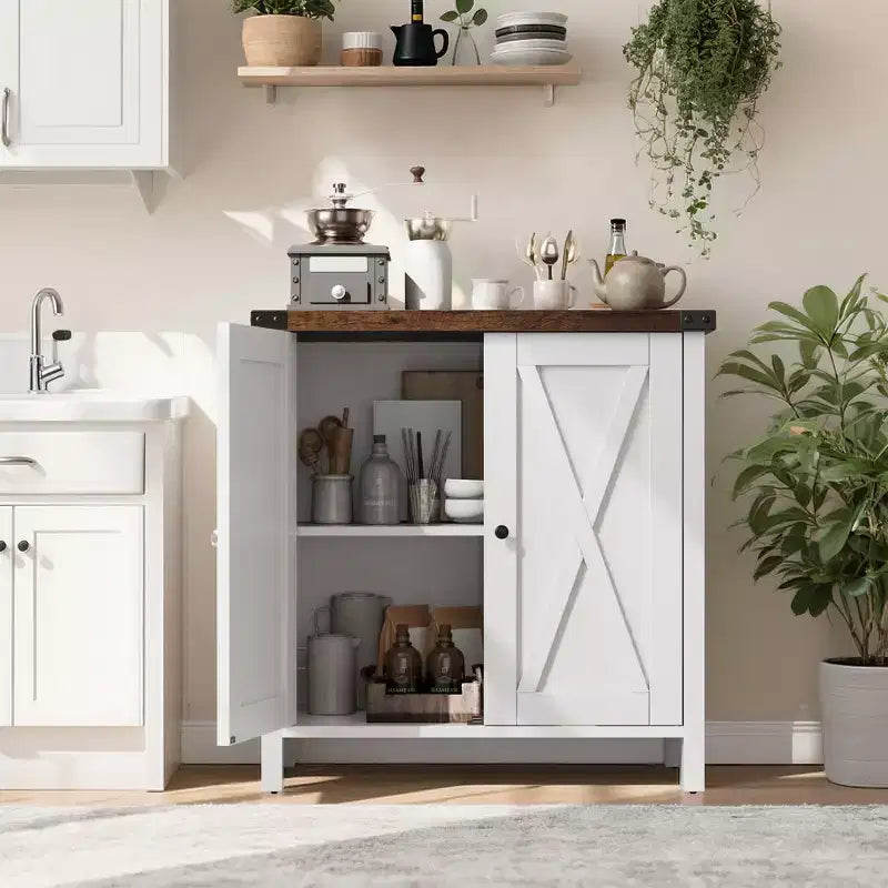 Farmhouse Sideboard with Storage, Kitchen Cabinet with Adjustable Shelves and 2 Barn Doors, Modern Wooden Dining Room Storage Cabinet