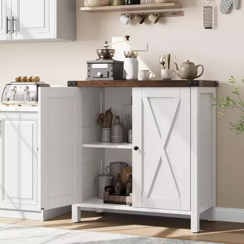 Farmhouse Sideboard with Storage, Kitchen Cabinet with Adjustable Shelves and 2 Barn Doors, Modern Wooden Dining Room Storage Cabinet