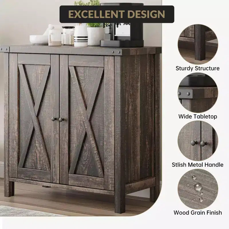 Farmhouse Sideboard with Storage, Kitchen Cabinet with Adjustable Shelves and 2 Barn Doors, Modern Wooden Dining Room Storage Cabinet