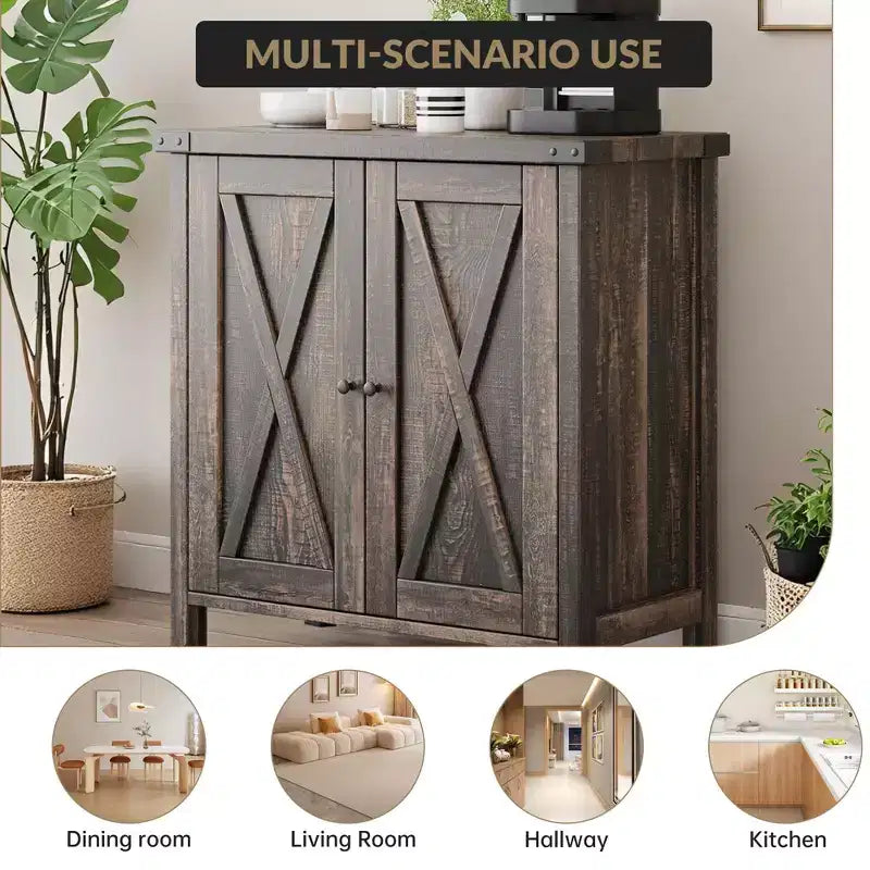 Farmhouse Sideboard with Storage, Kitchen Cabinet with Adjustable Shelves and 2 Barn Doors, Modern Wooden Dining Room Storage Cabinet