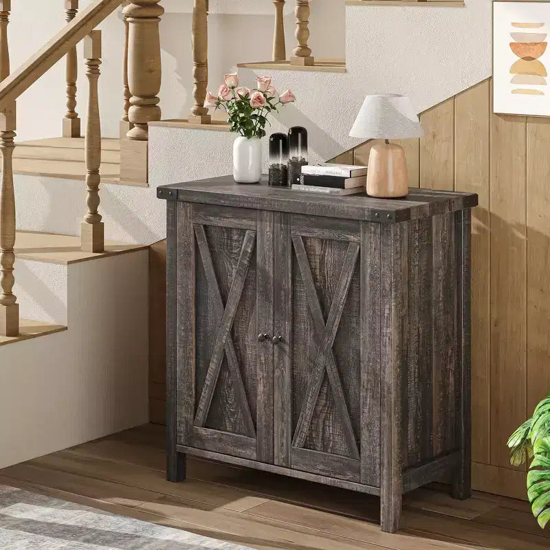 Farmhouse Sideboard with Storage, Kitchen Cabinet with Adjustable Shelves and 2 Barn Doors, Modern Wooden Dining Room Storage Cabinet