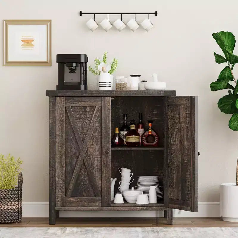 Farmhouse Sideboard with Storage, Kitchen Cabinet with Adjustable Shelves and 2 Barn Doors, Modern Wooden Dining Room Storage Cabinet
