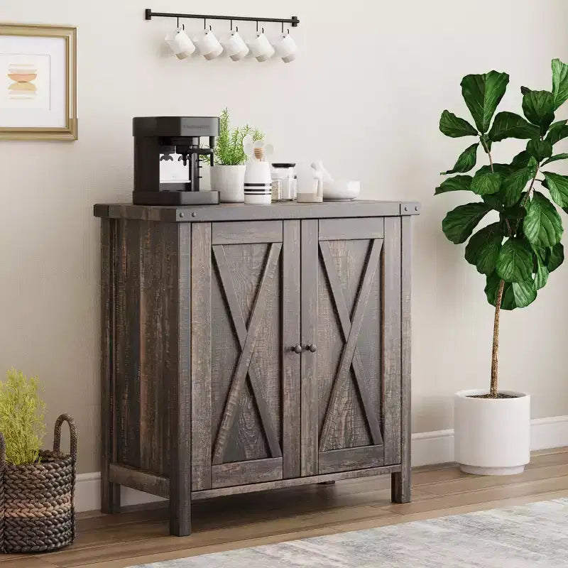 Farmhouse Sideboard with Storage, Kitchen Cabinet with Adjustable Shelves and 2 Barn Doors, Modern Wooden Dining Room Storage Cabinet