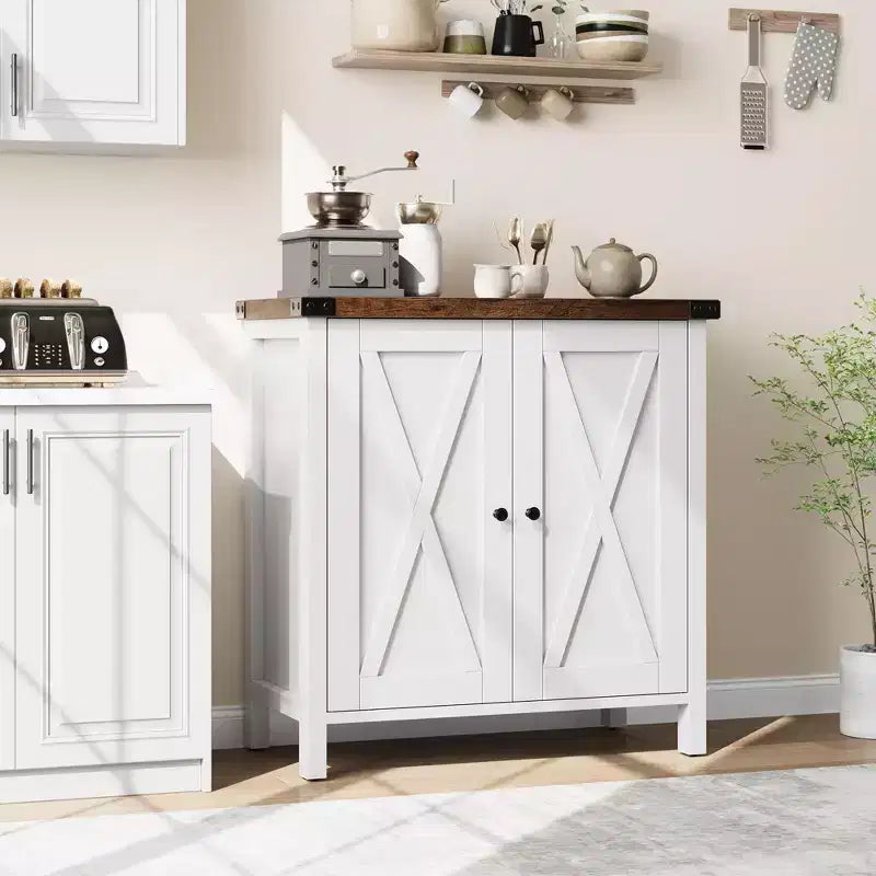 Farmhouse Sideboard with Storage, Kitchen Cabinet with Adjustable Shelves and 2 Barn Doors, Modern Wooden Dining Room Storage Cabinet