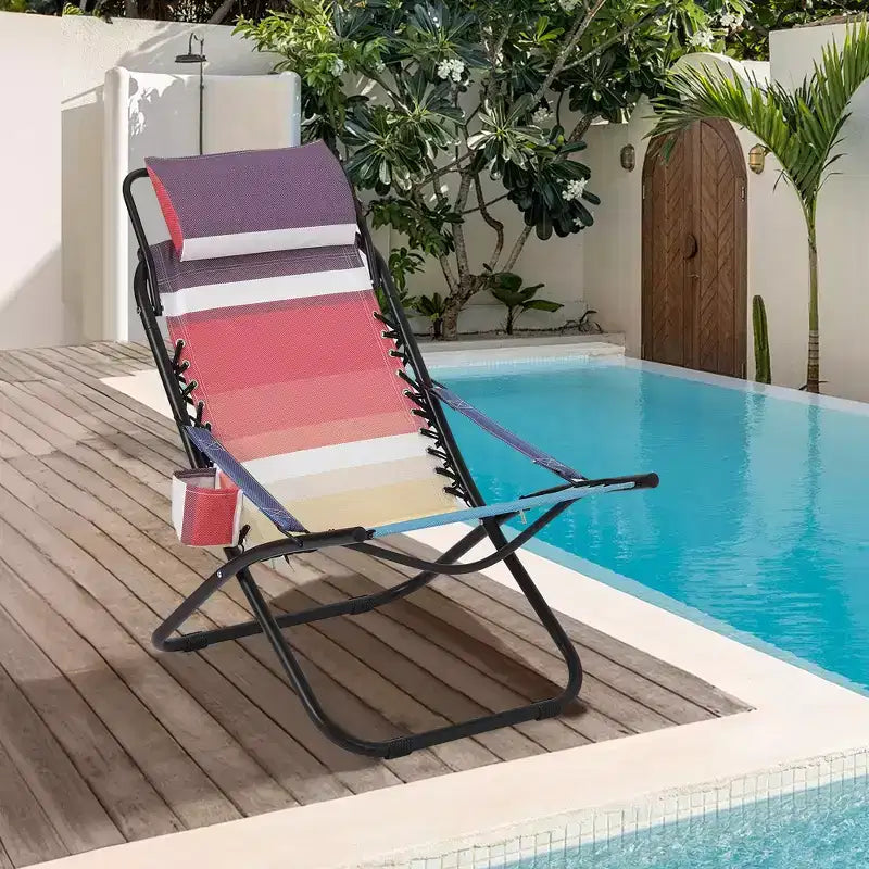 Portable Beach Chair for Adults, Outdoor Camping Chair Folding Beach Reclining Chair with Headrest, Heavy Rainbow Striped