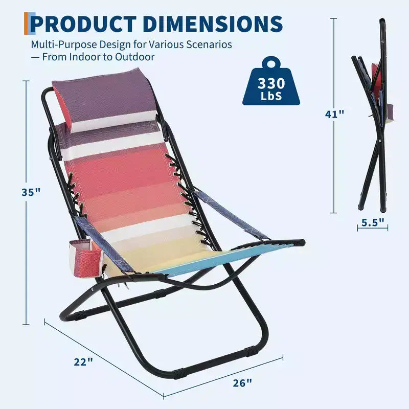 Sedia da spiaggia portatile per adulti, sedia da campeggio pieghevole reclinabile con poggiatesta, a righe arcobaleno, resistente