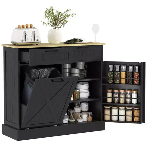 10 Gallon Farmhouse Kitchen Cabinet with Hidden Trash Can and 2 Drawers, Tilt Out Trash Can Cabinet for Kitchen