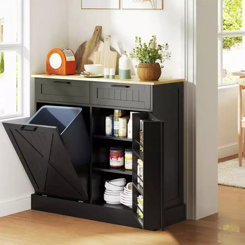 Mobile cucina da 10 galloni in stile rustico con pattumiera a scomparsa e 2 cassetti, armadietto inclinabile per pattumiera per la cucina