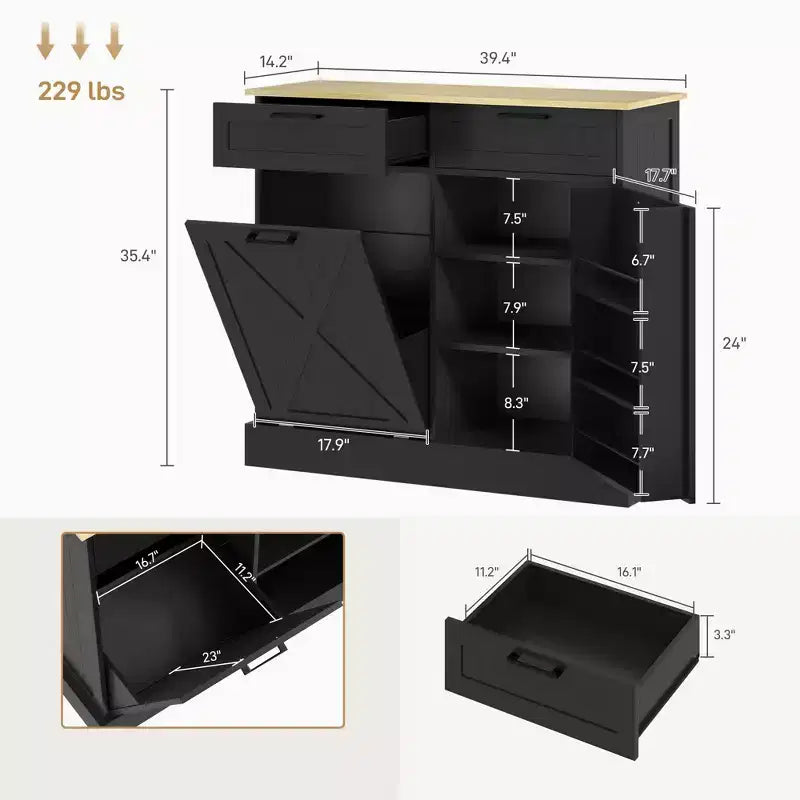 Mobile cucina da 10 galloni in stile rustico con pattumiera a scomparsa e 2 cassetti, armadietto inclinabile per pattumiera per la cucina