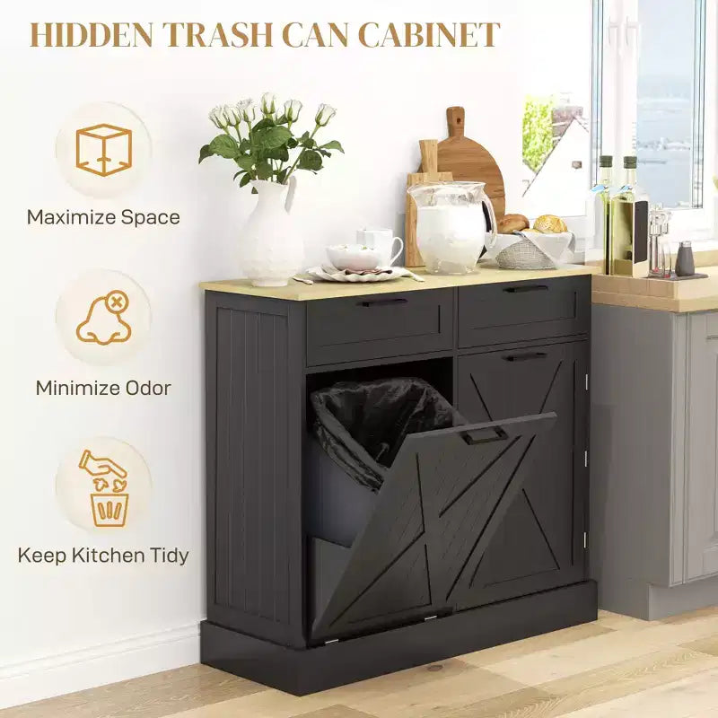 Mobile cucina da 10 galloni in stile rustico con pattumiera a scomparsa e 2 cassetti, armadietto inclinabile per pattumiera per la cucina