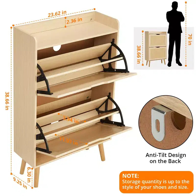 Scarpiera Nascosta con 2 Cassetti a Ribalta in Rattan e Design Antiribaltamento, Scarpiera per Ingresso, Corridoio, Organizzazione per 12-15 Paia di Scarpe
