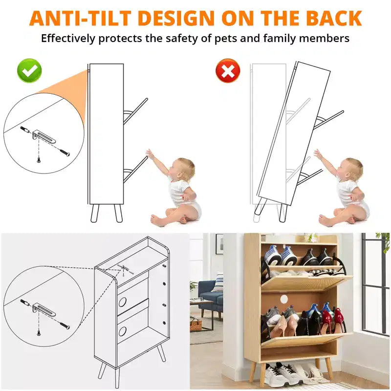 Scarpiera Nascosta con 2 Cassetti a Ribalta in Rattan e Design Antiribaltamento, Scarpiera per Ingresso, Corridoio, Organizzazione per 12-15 Paia di Scarpe