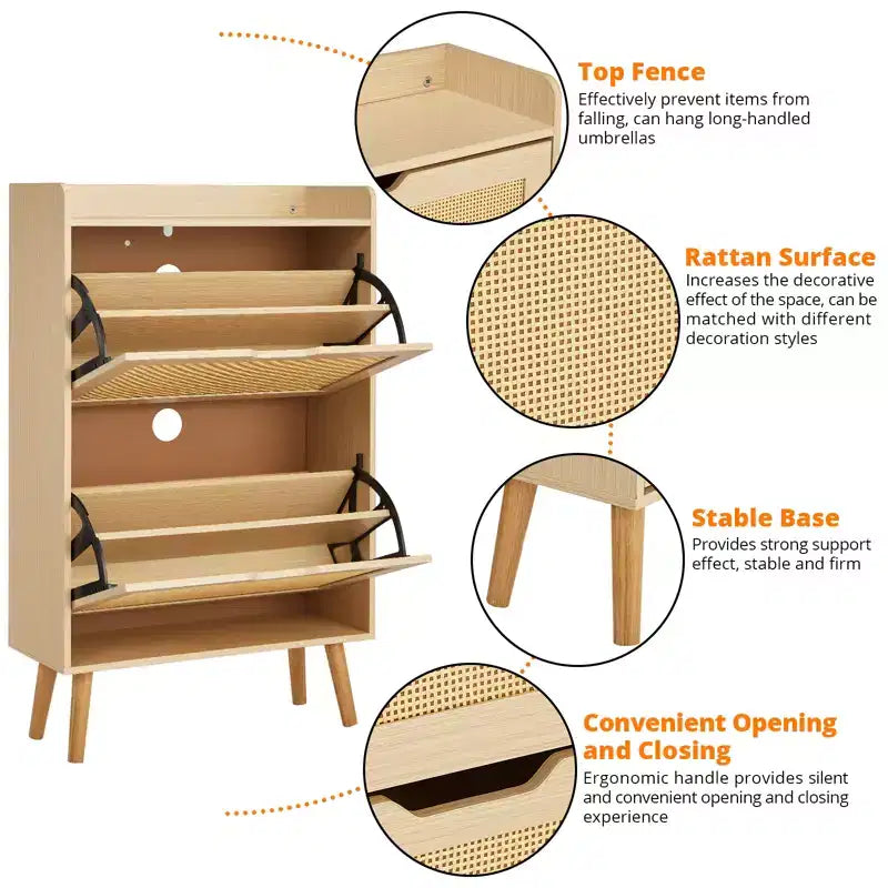 Scarpiera Nascosta con 2 Cassetti a Ribalta in Rattan e Design Antiribaltamento, Scarpiera per Ingresso, Corridoio, Organizzazione per 12-15 Paia di Scarpe