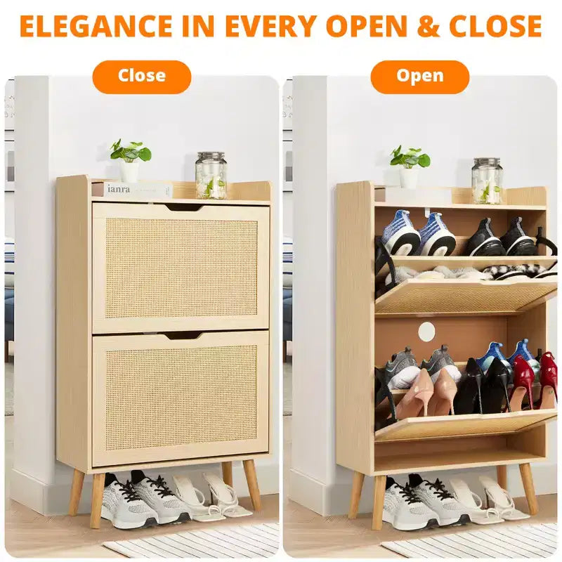 Scarpiera Nascosta con 2 Cassetti a Ribalta in Rattan e Design Antiribaltamento, Scarpiera per Ingresso, Corridoio, Organizzazione per 12-15 Paia di Scarpe