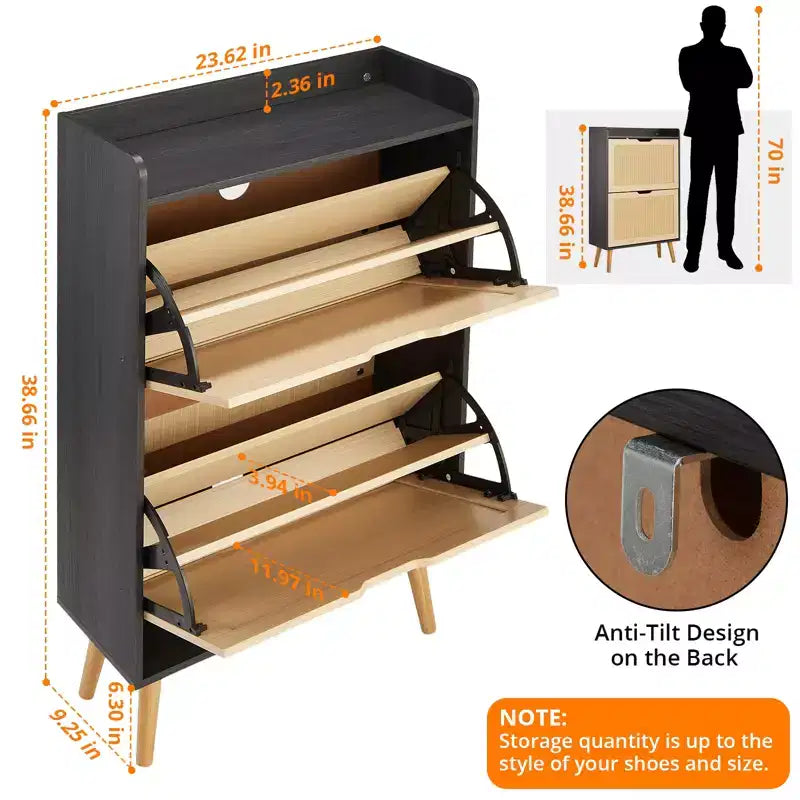 Scarpiera Nascosta con 2 Cassetti a Ribalta in Rattan e Design Antiribaltamento, Scarpiera per Ingresso, Corridoio, Organizzazione per 12-15 Paia di Scarpe