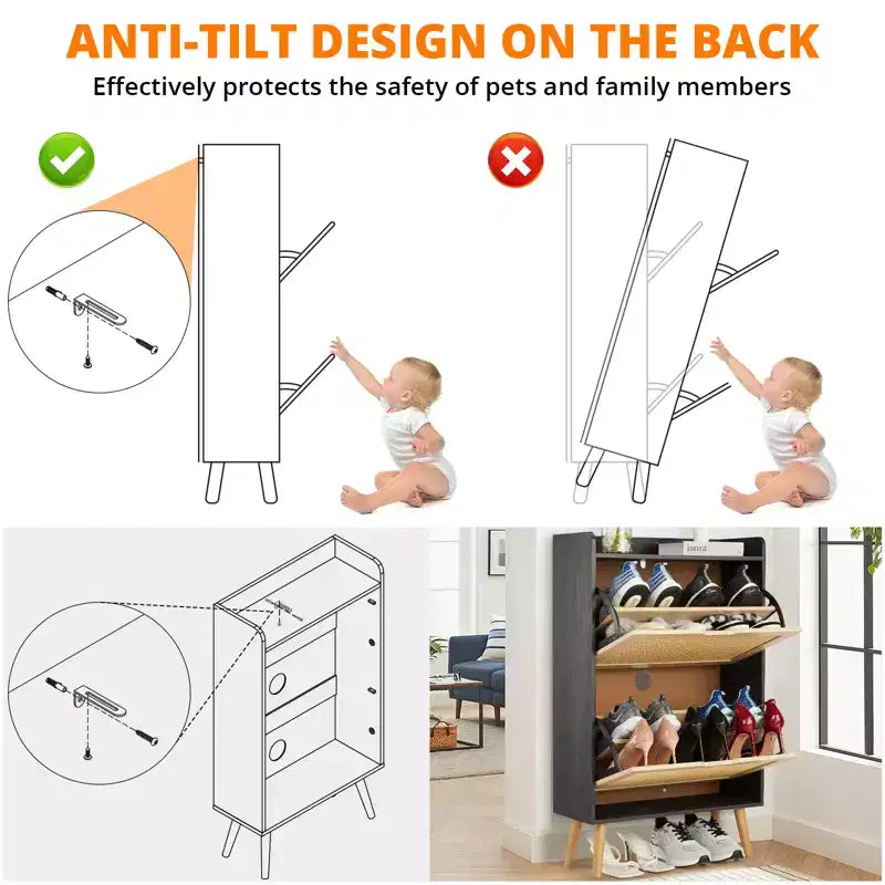 Scarpiera Nascosta con 2 Cassetti a Ribalta in Rattan e Design Antiribaltamento, Scarpiera per Ingresso, Corridoio, Organizzazione per 12-15 Paia di Scarpe