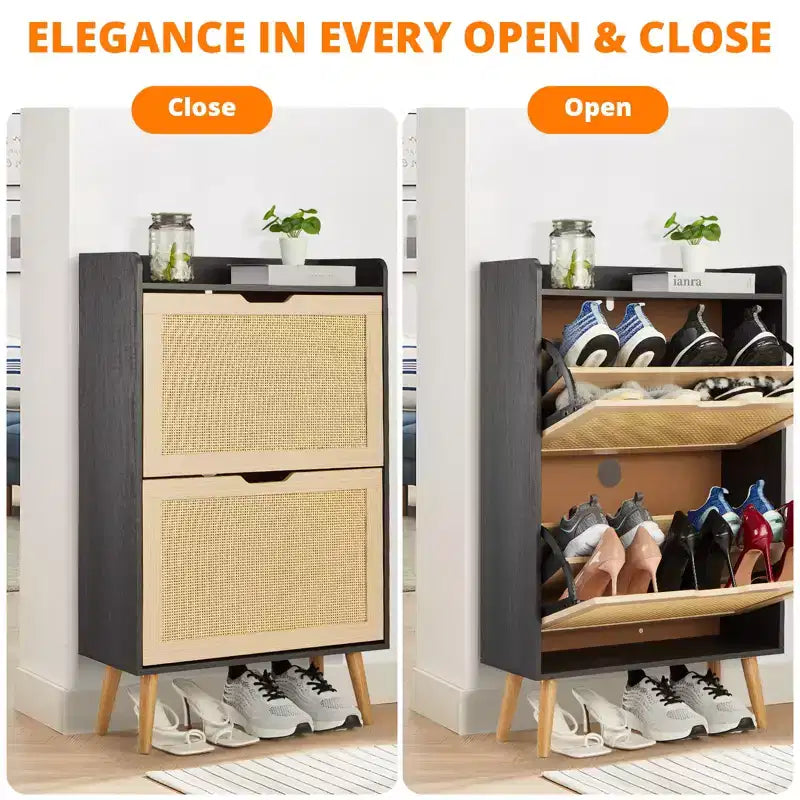Scarpiera Nascosta con 2 Cassetti a Ribalta in Rattan e Design Antiribaltamento, Scarpiera per Ingresso, Corridoio, Organizzazione per 12-15 Paia di Scarpe