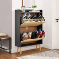 Hidden Shoe Storage with 2 Flip Rattan Flip-Drawer and Anti-Tip Design, Shoe Cabinet for Entryway, Hallway, 12-15 Pairs Storage Organiz