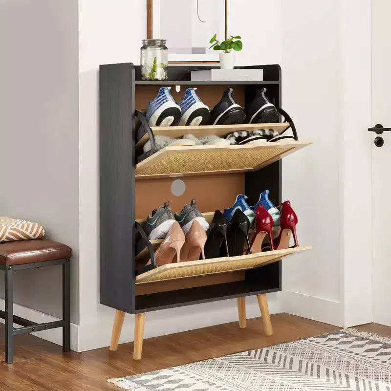 Hidden Shoe Storage with 2 Flip Rattan Flip-Drawer and Anti-Tip Design, Shoe Cabinet for Entryway, Hallway, 12-15 Pairs Storage Organiz