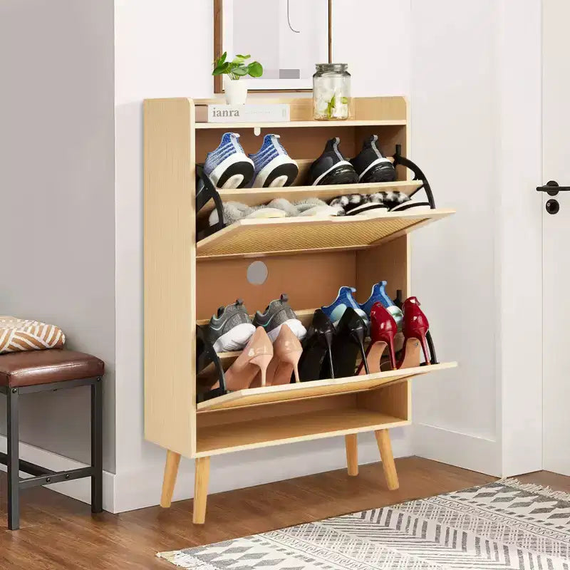 Scarpiera Nascosta con 2 Cassetti a Ribalta in Rattan e Design Antiribaltamento, Scarpiera per Ingresso, Corridoio, Organizzazione per 12-15 Paia di Scarpe