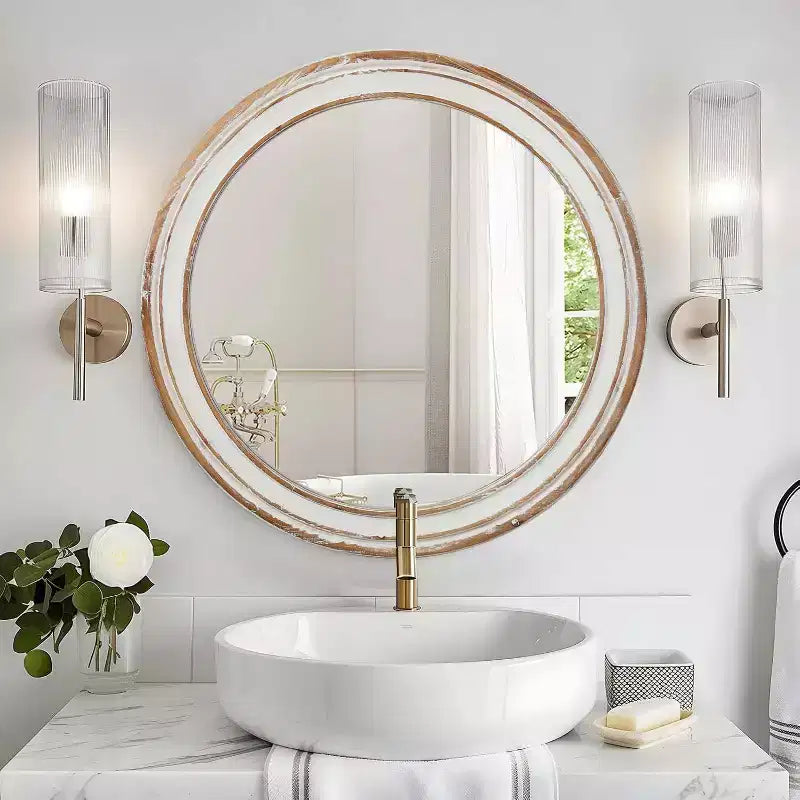 GDFStudio Amelia Farmhouse Wooden Decorative Round Wall Mirror with Whitewash Edge