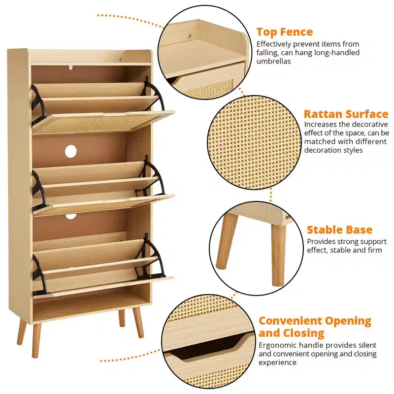 Scarpiera, Organizer salvaspazio stretto a 3 ripiani Pannello frontale in rattan intrecciato Panca portascarpe salvaspazio ideale per corridoi e portici