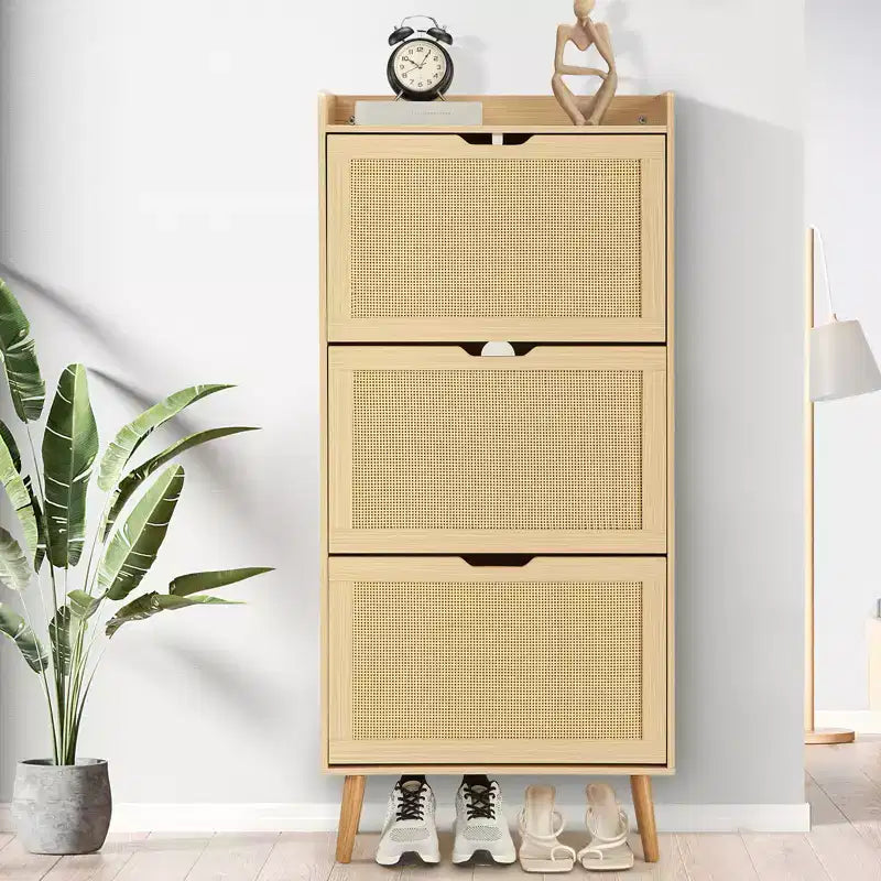 Scarpiera, Organizer salvaspazio stretto a 3 ripiani Pannello frontale in rattan intrecciato Panca portascarpe salvaspazio ideale per corridoi e portici