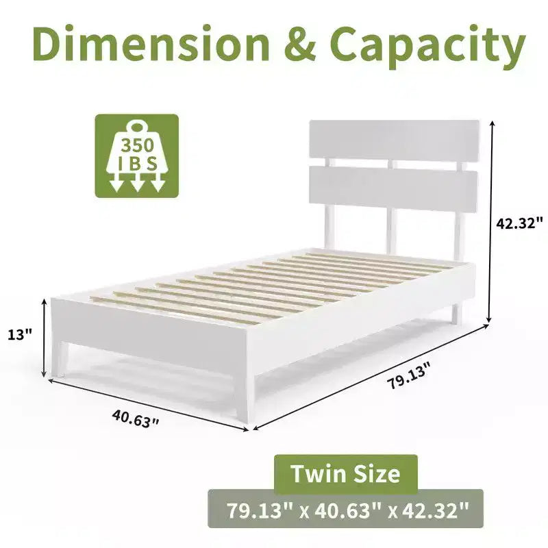 Karl Home Struttura letto in legno massello, Struttura letto singolo con testiera inclusa, Letto moderno di metà secolo, Bianco