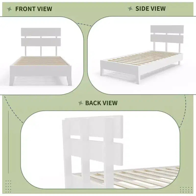Karl Home Struttura letto in legno massello, Struttura letto singolo con testiera inclusa, Letto moderno di metà secolo, Bianco