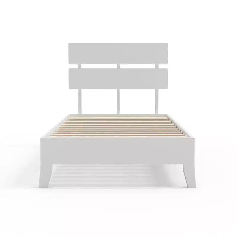 Karl Home Struttura letto in legno massello, Struttura letto singolo con testiera inclusa, Letto moderno di metà secolo, Bianco