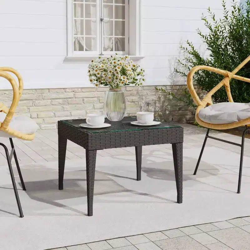 Side Table Black PE rattan, powder-coated steel, tempered glass