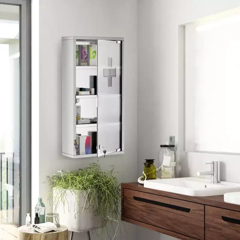 4-Tier Wall Cabinet with Lockable Glass Door & Stainless Steel Frame, Includes 2 Keys, Ideal for Home, Apartment, Bathroom