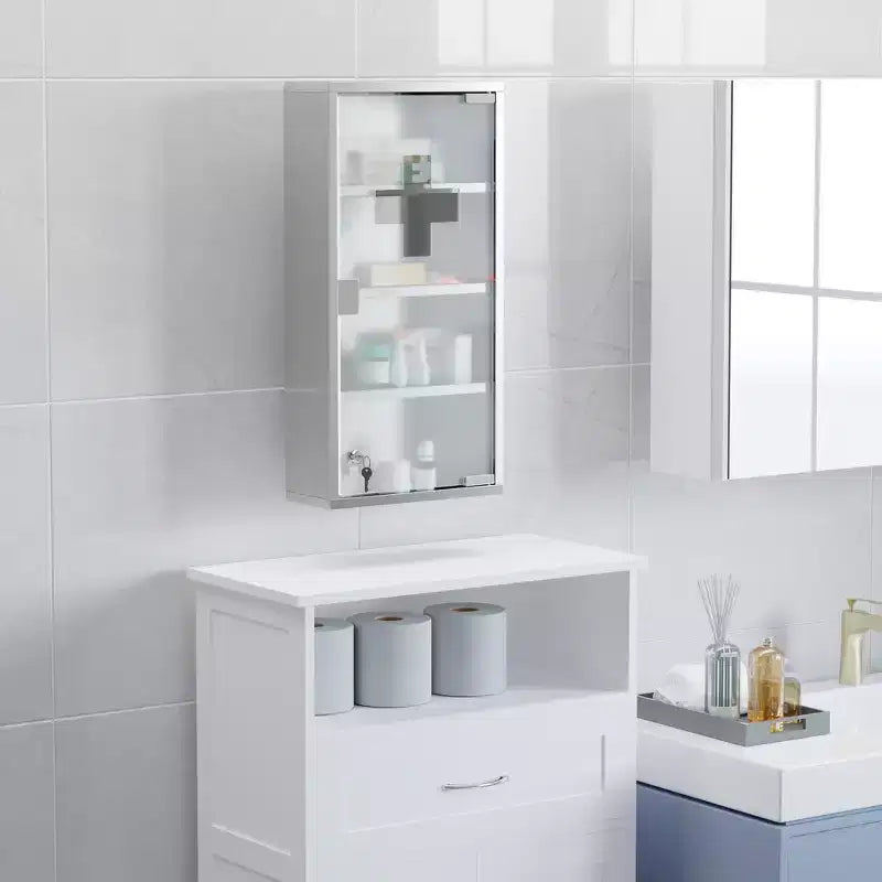 Pensile a 4 ripiani con anta in vetro chiudibile a chiave e struttura in acciaio inox, include 2 chiavi, ideale per casa, appartamento, bagno