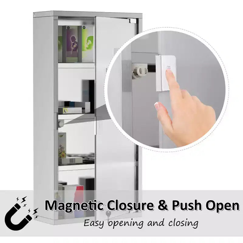 Pensile a 4 ripiani con anta in vetro chiudibile a chiave e struttura in acciaio inox, include 2 chiavi, ideale per casa, appartamento, bagno