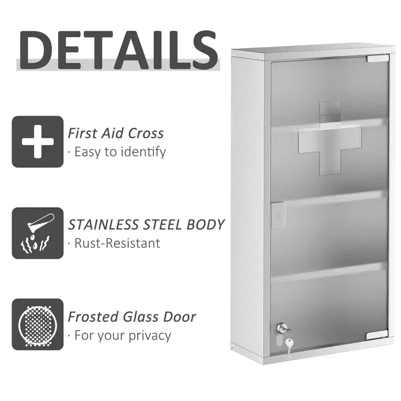 Pensile a 4 ripiani con anta in vetro chiudibile a chiave e struttura in acciaio inox, include 2 chiavi, ideale per casa, appartamento, bagno