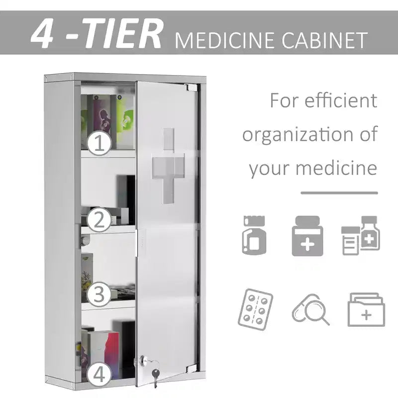 Pensile a 4 ripiani con anta in vetro chiudibile a chiave e struttura in acciaio inox, include 2 chiavi, ideale per casa, appartamento, bagno