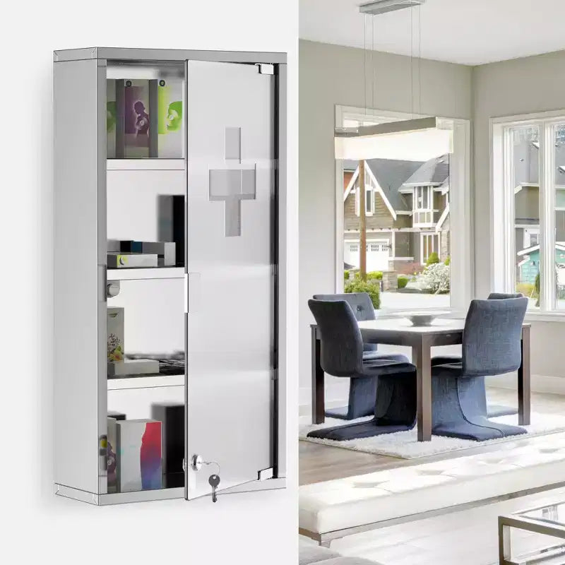 Pensile a 4 ripiani con anta in vetro chiudibile a chiave e struttura in acciaio inox, include 2 chiavi, ideale per casa, appartamento, bagno