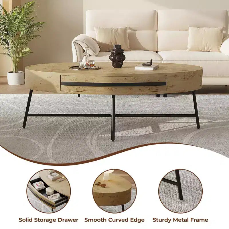 Tavolino da Caffè Ovale Mid-Century Modern - 47.2 Tavolino in Legno con Cassetto, Design Curvo Unico e Gambe Metalliche Incrociate per Soggiorno