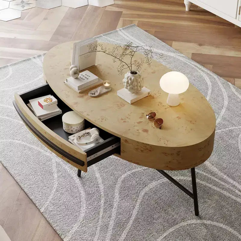 Tavolino da Caffè Ovale Mid-Century Modern - 47.2 Tavolino in Legno con Cassetto, Design Curvo Unico e Gambe Metalliche Incrociate per Soggiorno