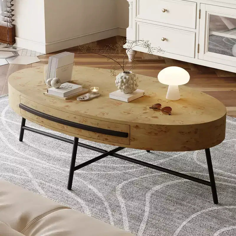 Tavolino da Caffè Ovale Mid-Century Modern - 47.2 Tavolino in Legno con Cassetto, Design Curvo Unico e Gambe Metalliche Incrociate per Soggiorno
