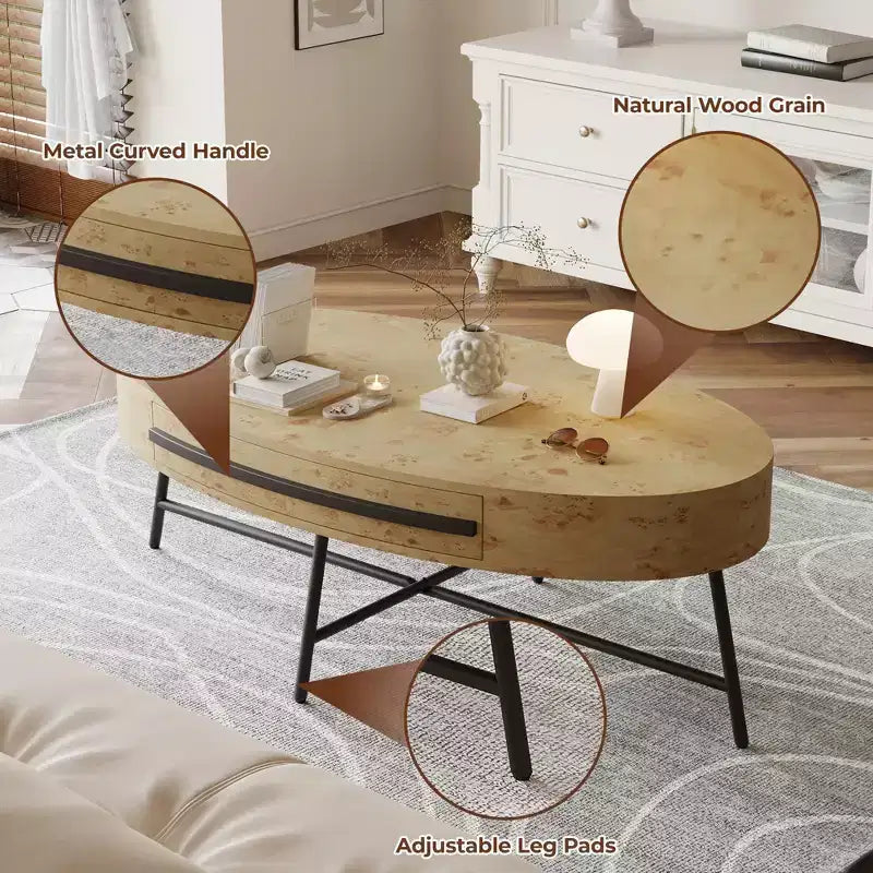 Tavolino da Caffè Ovale Mid-Century Modern - 47.2 Tavolino in Legno con Cassetto, Design Curvo Unico e Gambe Metalliche Incrociate per Soggiorno