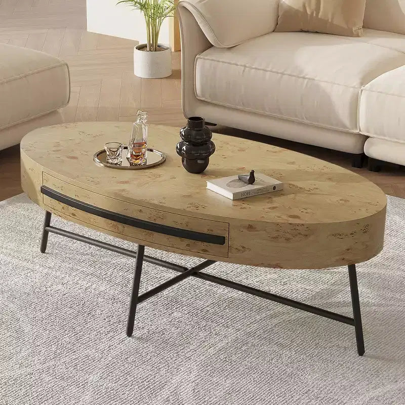 Tavolino da Caffè Ovale Mid-Century Modern - 47.2 Tavolino in Legno con Cassetto, Design Curvo Unico e Gambe Metalliche Incrociate per Soggiorno
