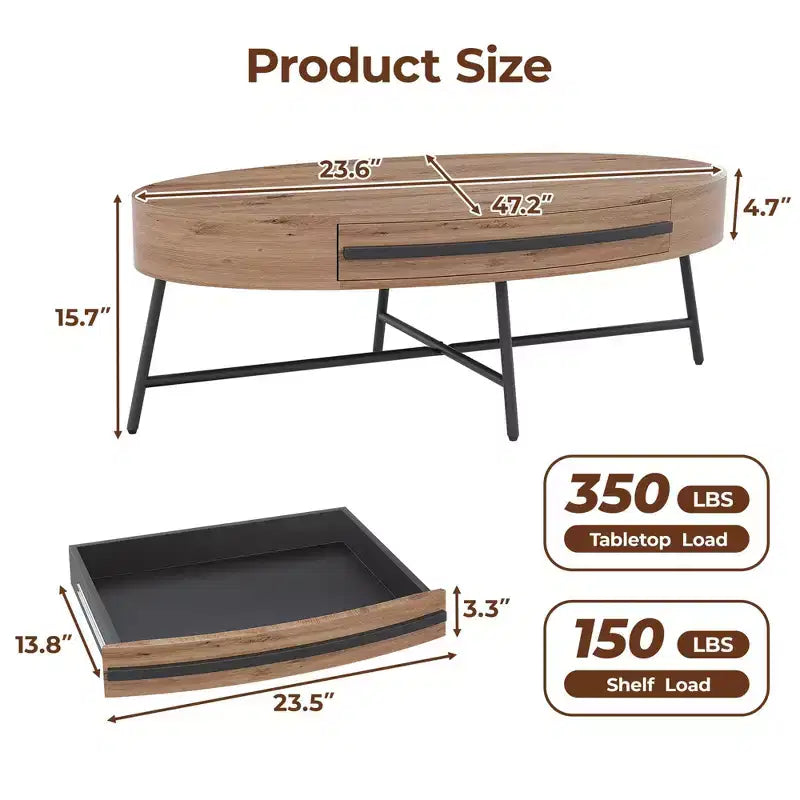 Tavolino da Caffè Ovale Mid-Century Modern - 47.2 Tavolino in Legno con Cassetto, Design Curvo Unico e Gambe Metalliche Incrociate per Soggiorno