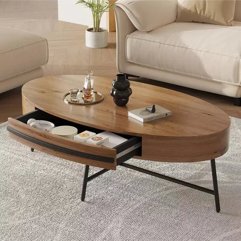 Tavolino da Caffè Ovale Mid-Century Modern - 47.2 Tavolino in Legno con Cassetto, Design Curvo Unico e Gambe Metalliche Incrociate per Soggiorno