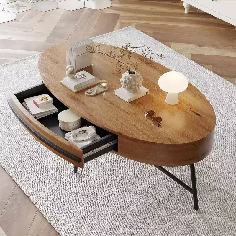 Tavolino da Caffè Ovale Mid-Century Modern - 47.2 Tavolino in Legno con Cassetto, Design Curvo Unico e Gambe Metalliche Incrociate per Soggiorno